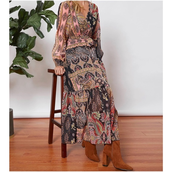 Boho Floral Print Lantern Sheer Sleeve Dress - Picture 4 of 5